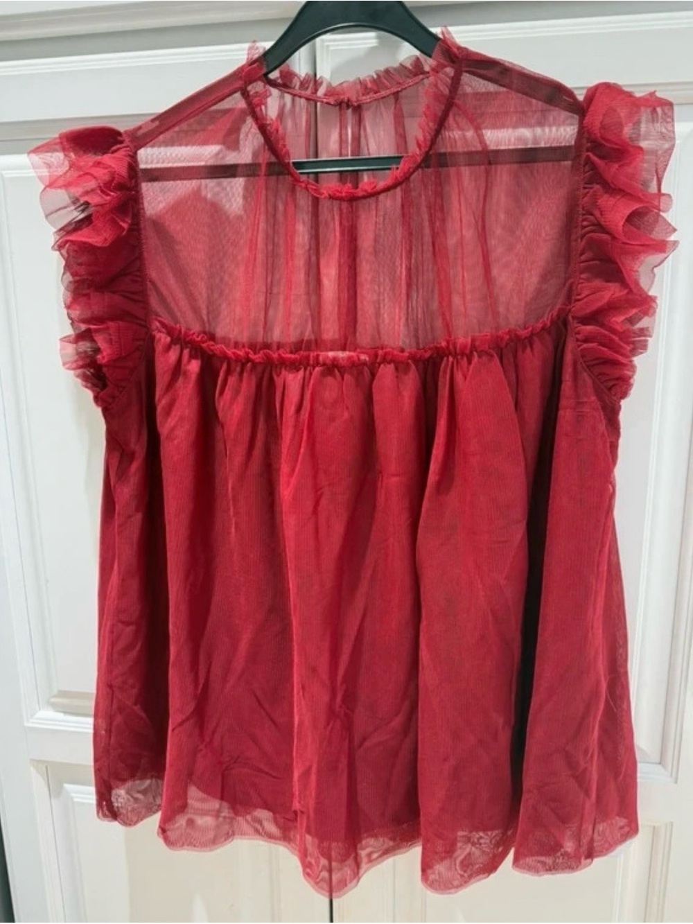 Red Ruffle Sheer Women's Blouse